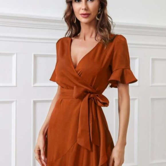 Terra Cotta Faux Wrap style Midi Dress - M - Picture 11 of 12